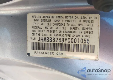 2000 Honda Prelude from USA, damaged, VIN JHMBB6248YC001055